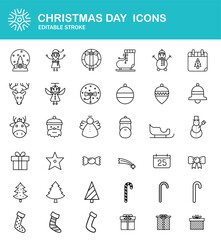 Christmas line icon collection. Holiday symbol. Modern Christmas Icon Set. Outline Xmas icons set. Santa claus, gift, angel, box, bow, bell, christmas tree, fireworks, snow, snowman, bag and more.