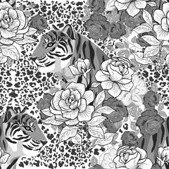 Abstract seamless pattern. Animal print with tiger and line rose.