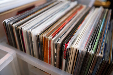 Vinyl record store. Box with analog records with music