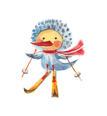 Cute watercolor cartoon duck. Funny winter character with scarf and skis.