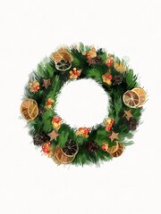 Christmas wreath illustration. Christmas card. Drawing image. Christmas wreath drawing. Watercolor and pencil illustration. Wreath with orange 