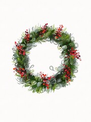 Christmas wreath illustration. Christmas card. Drawing image. Christmas wreath drawing. Watercolor and pencil illustration. Wreath with holly 