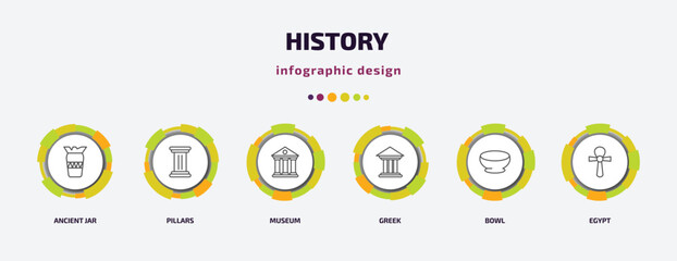 history infographic template with icons and 6 step or option. history icons such as ancient jar, pillars, museum, greek, bowl, egypt vector. can be used for banner, info graph, web, presentations.