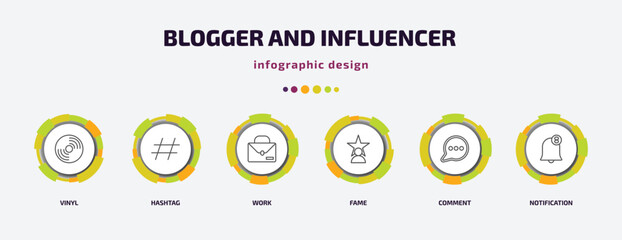blogger and influencer infographic template with icons and 6 step or option. blogger and influencer icons such as vinyl, hashtag, work, fame, comment, notification vector. can be used for banner,