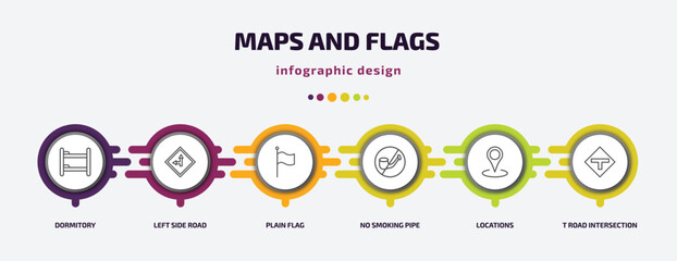 maps and flags infographic template with icons and 6 step or option. maps and flags icons such as dormitory, left side road, plain flag, no smoking pipe, locations, t road intersection vector. can