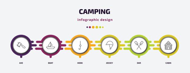 Fototapeta premium camping infographic template with icons and 6 step or option. camping icons such as axe, boat, hook, jockey, oar, cabin vector. can be used for banner, info graph, web, presentations.