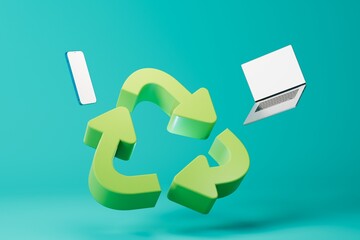 the concept of recycling old equipment. Recycling icon, smartphone and laptop on a turquoise background. 3D render