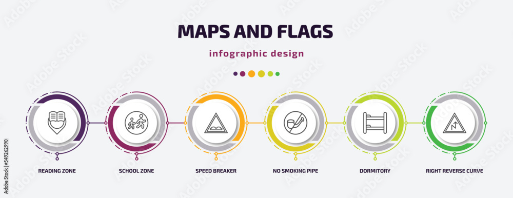 Poster maps and flags infographic template with icons and 6 step or option. maps and flags icons such as re