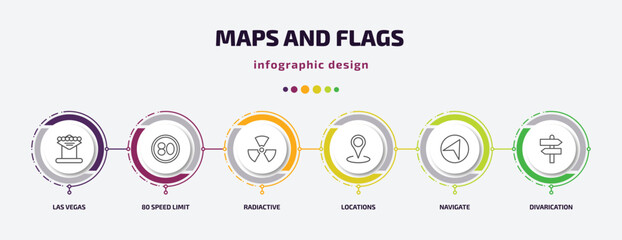 maps and flags infographic template with icons and 6 step or option. maps and flags icons such as las vegas, 80 speed limit, radiactive, locations, navigate, divarication vector. can be used for