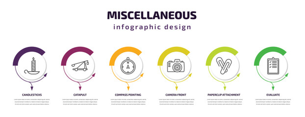 miscellaneous infographic template with icons and 6 step or option. miscellaneous icons such as candlesticks, catapult, compass pointing north, camera front, paperclip attachment, evaluate vector.