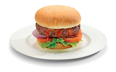 A delicious grilled Angus burger with cheese, lettuce, and tomato on a sesame seed bun.