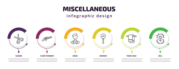 miscellaneous infographic template with icons and 6 step or option. miscellaneous icons such as scissor, flame thrower, swiss, diminish, towel rack, will vector. can be used for banner, info graph,