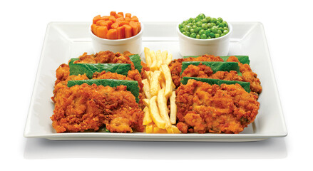 Fried chicken strips with parsley, isolated on a white background. Close-up