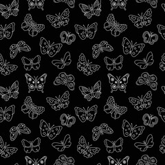 Butterflies doodle pattern. Seamless background with outline flying insects. Black and white print. Vector repeat illustration for designs, textile, fabric, wrapping paper