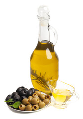 Jug with olive oil, green and black olives isolated on white background