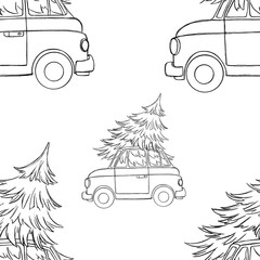 illustration of car. New Year seamless pattern with a painted car and a Christmas tree. Pattern for textiles, wallpaper, wrapping paper, gift box, postcards.