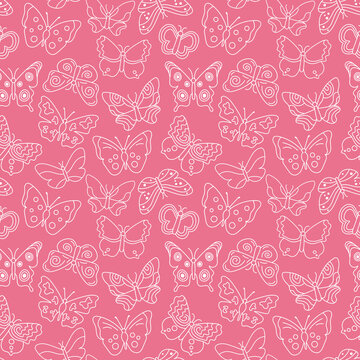 Cute butterfly pattern. Seamless background with white doodle flying insects. Monochrome print. Vector repeat illustration for designs, textile, fabric, wrapping paper