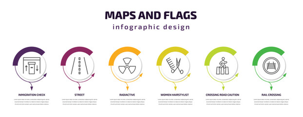 maps and flags infographic template with icons and 6 step or option. maps and flags icons such as inmigration check point, street, radiactive, women hairstylist, crossing road caution, rail crossing