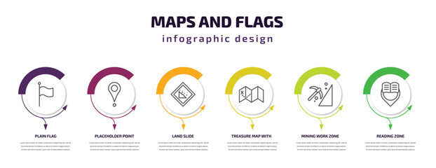 maps and flags infographic template with icons and 6 step or option. maps and flags icons such as plain flag, placeholder point, land slide, treasure map with x, mining work zone, reading zone