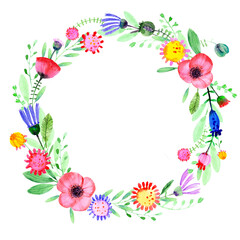 Hand drawn watercolor flowers, poppy, cornflower, daisy, leaves, branches.