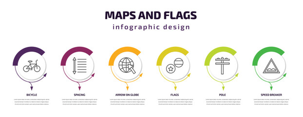 maps and flags infographic template with icons and 6 step or option. maps and flags icons such as bicycle, spacing, arrow on globe, flags, pole, speed breaker vector. can be used for banner, info