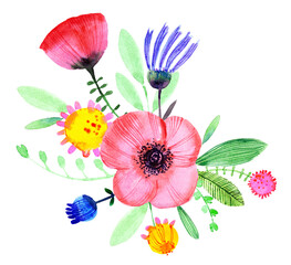 Hand drawn watercolor flowers, poppy, cornflower, daisy, leaves, branches.