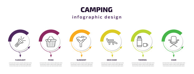 Fototapeta premium camping infographic template with icons and 6 step or option. camping icons such as flashlight, picnic, slingshot, deck chair, thermos, chair vector. can be used for banner, info graph, web,