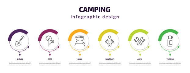 camping infographic template with icons and 6 step or option. camping icons such as shovel, tree, grill, wingsuit, axes, thermo vector. can be used for banner, info graph, web, presentations.