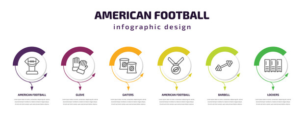 american football infographic template with icons and 6 step or option. american football icons such as american football tee, glove, gaiters, medal, barbell, lockers vector. can be used for banner,