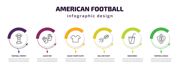 american football infographic template with icons and 6 step or option. american football icons such as football trophy, glove for, black t shirt cloth, ball on flight, soda drink, shield vector.