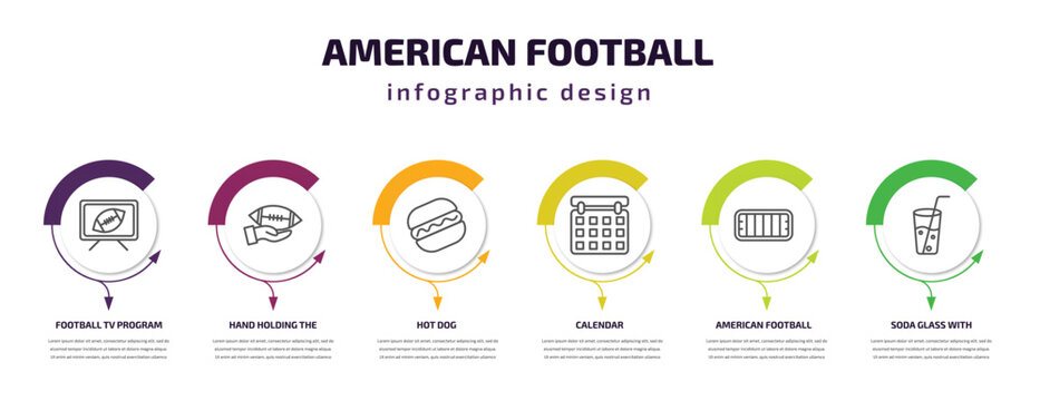 american football infographic template with icons and 6 step or option. american football icons such as football tv program, hand holding the ball, hot dog, calendar, american mark, soda glass with