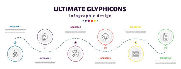 ultimate glyphicons infographic element with icons and 6 step or option. ultimate glyphicons icons such as round flame, clothes label, incoming phone, smiling face, menu bars, exclamation file
