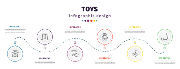 toys infographic element with icons and 6 step or option. toys icons such as telephone toy, swing toy, dough toy, robot spinning scooter vector. can be used for banner, info graph, web,