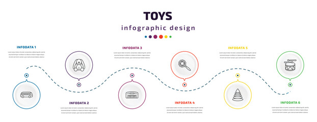 toys infographic element with icons and 6 step or option. toys icons such as bus toy, bunny toy, piano toy, rattle pyramid drum vector. can be used for banner, info graph, web, presentations.