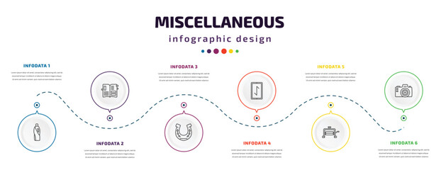 Fototapeta na wymiar miscellaneous infographic element with icons and 6 step or option. miscellaneous icons such as detergen, scrapbook, horseshoes, rune, wringer, camera front vector. can be used for banner, info