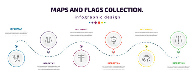 maps and flags collection. infographic element with icons and 6 step or option. maps and flags collection. icons such as women hairstylist, swings, pole, vintage, ear protection, street vector. can