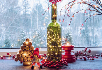 Christmas decoration set with wine bottle filled with micro led party lights and spruce tree made...