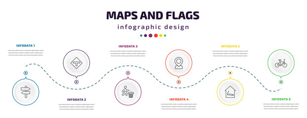 maps and flags infographic element with icons and 6 step or option. maps and flags icons such as divarication, t road intersection, use dust bin, locator, smoking place, bicycle vector. can be used