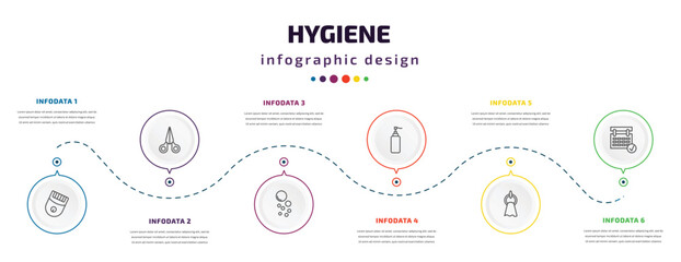 hygiene infographic element with icons and 6 step or option. hygiene icons such as epilator, nail scissors, bubble, pump bottle, face towel, appointment book vector. can be used for banner, info