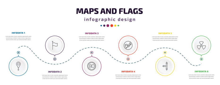 Maps And Flags Infographic Element With Icons And 6 Step Or Option. Maps And Flags Icons Such As Placeholder Point, Plain Flag, 80 Speed Limit, No Smoking Pipe, Left Intersection, Radiactive Vector.