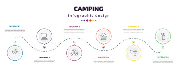 camping infographic element with icons and 6 step or option. camping icons such as slingshot, pot on fire, gas, picnic, pocket knife, lighter vector. can be used for banner, info graph, web,