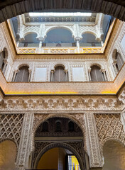 View of the arched building structure with mosaic elements