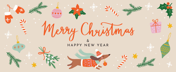 Christmas And New Year Wishes. Holiday Banner Vector Design. Hand Drawn Elements And Handwritten Calligraphy On Beige Background. - obrazy, fototapety, plakaty