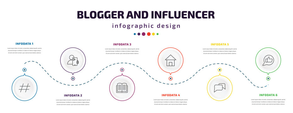 blogger and influencer infographic element with icons and 6 step or option. blogger and influencer icons such as hashtag, selfie, literature, home, conversation, likes vector. can be used for