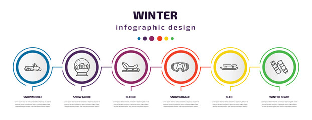winter infographic template with icons and 6 step or option. winter icons such as snowmobile, snow globe, sledge, snow goggle, sled, winter scarf vector. can be used for banner, info graph, web,
