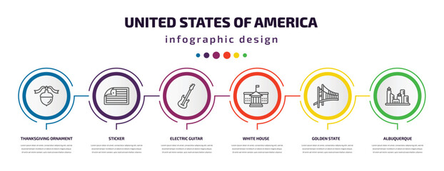 united states of america infographic template with icons and 6 step or option. united states of america icons such as thanksgiving ornament, sticker, electric guitar, white house, golden state,