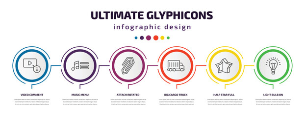 ultimate glyphicons infographic template with icons and 6 step or option. ultimate glyphicons icons such as video comment, music menu, attach rotated, big cargo truck, half star full, light bulb on