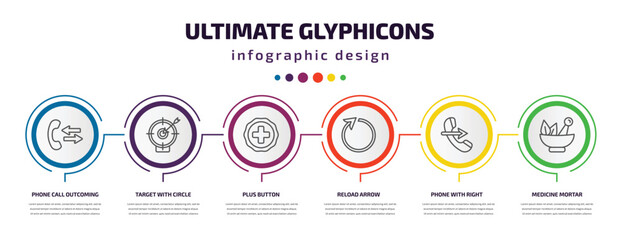 ultimate glyphicons infographic template with icons and 6 step or option. ultimate glyphicons icons such as phone call outcoming, target with circle, plus button, reload arrow, phone with right