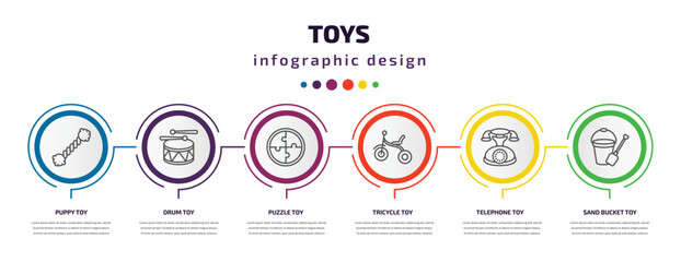 toys infographic template with icons and 6 step or option. toys icons such as puppy toy, drum toy, puzzle toy, tricycle telephone sand bucket vector. can be used for banner, info graph, web,