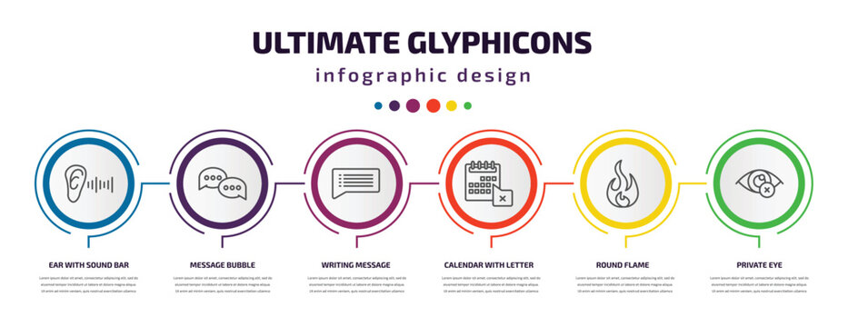 ultimate glyphicons infographic template with icons and 6 step or option. ultimate glyphicons icons such as ear with sound bar, message bubble, writing message, calendar with letter x, round flame,